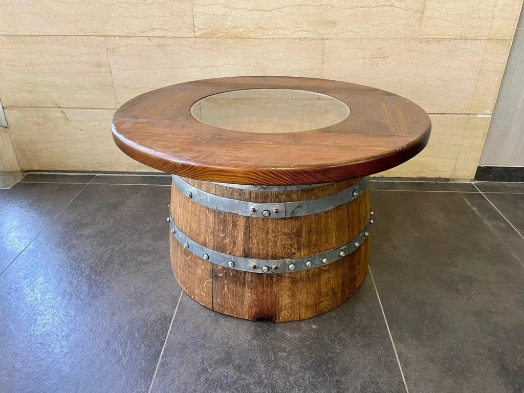 Oak Wood Wine Barrels Wood-Glass Half-Barrel Coffee Table With Removable Glass Top - Wine/Whiskey/Bourbon Barrel Storage Table - Rustic Furniture