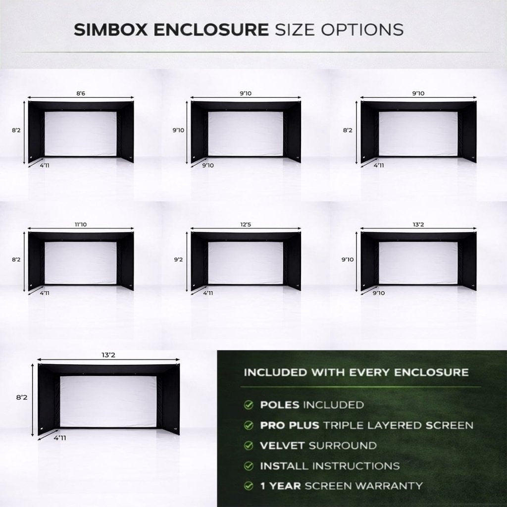 SimBox Golf Simulator Enclosure - 7 sizes, Pro + Impact Screen and Frame INCLUDES FREE SIDE BARRIERS - Bro Dreams