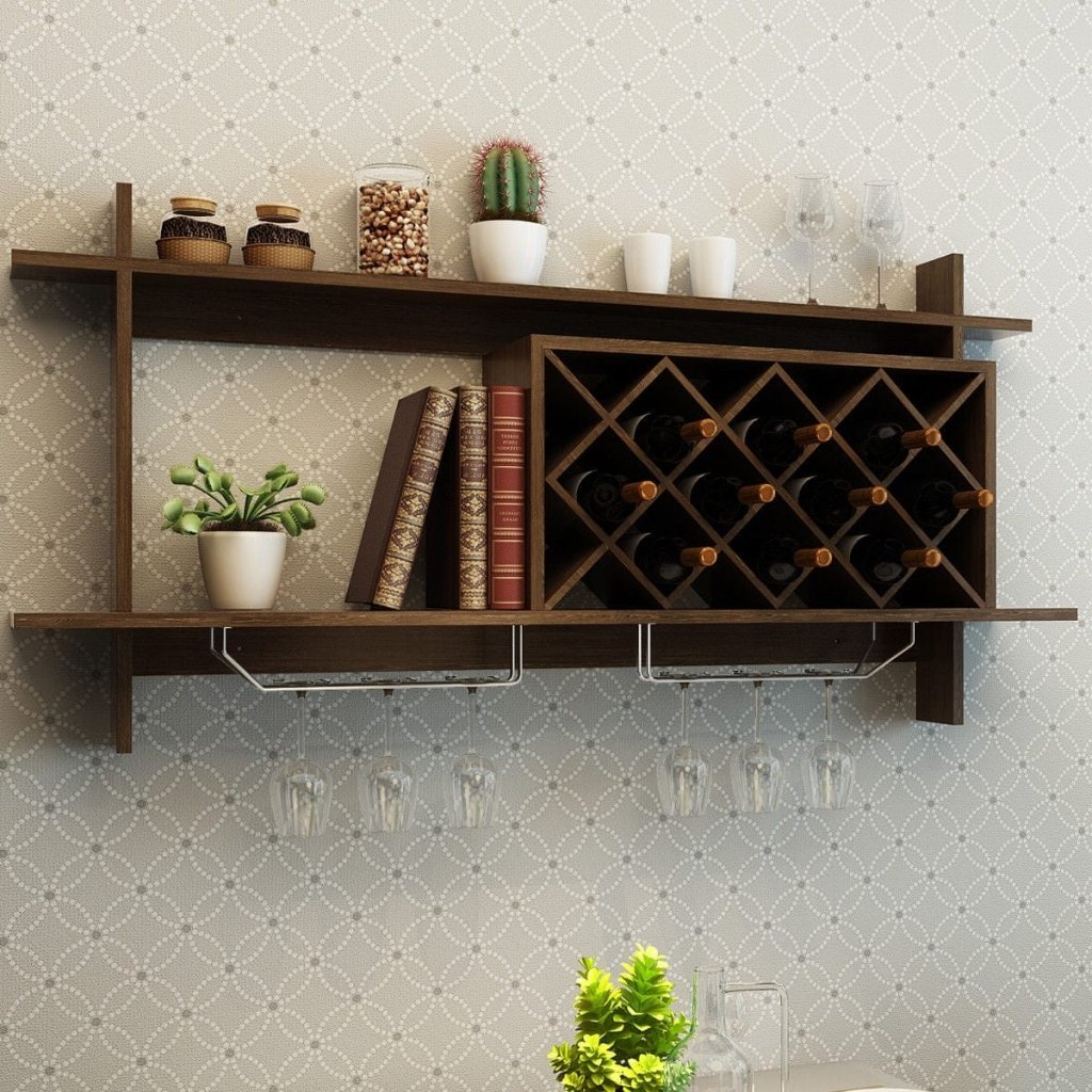 Wall Mount Wine Rack with Glass Holder & Storage Shelf - Walnut - Bro Dreams