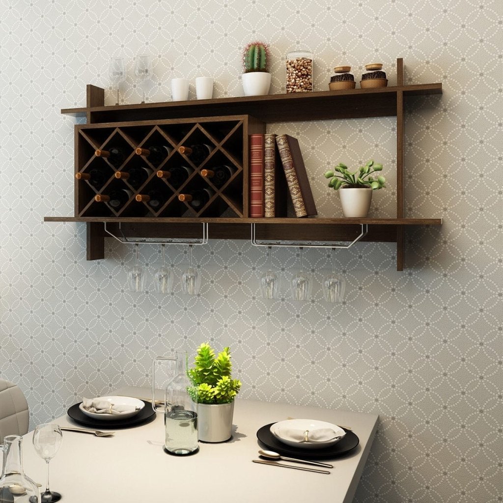 Wall Mount Wine Rack with Glass Holder & Storage Shelf - Walnut - Bro Dreams