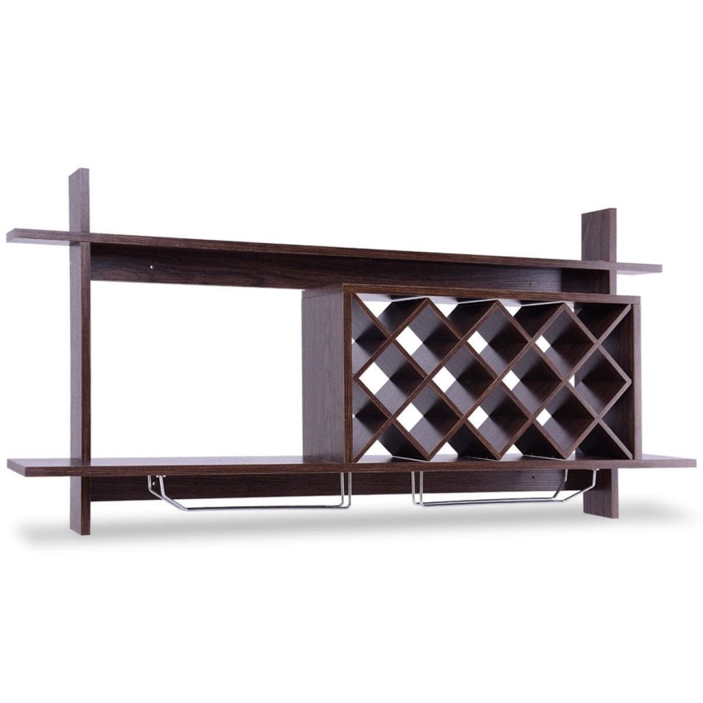 Wall Mount Wine Rack with Glass Holder & Storage Shelf - Walnut - Bro Dreams