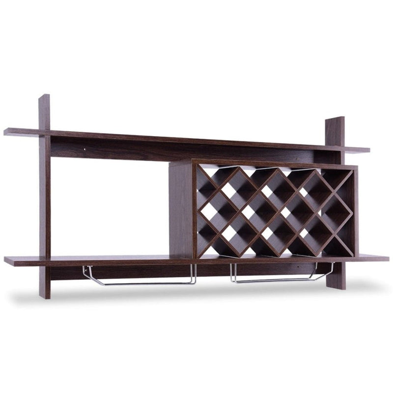 Wall Mount Wine Rack with Glass Holder & Storage Shelf - Walnut - Bro Dreams