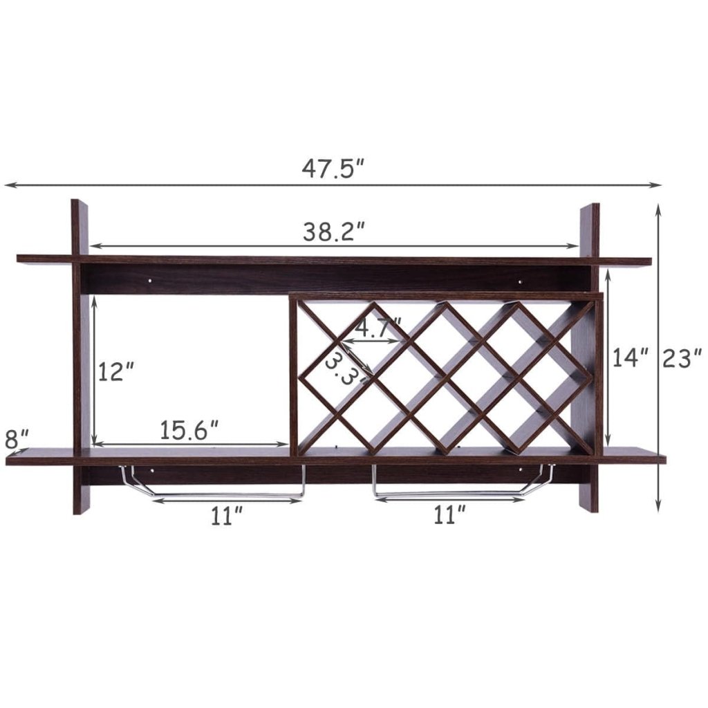 Wall Mount Wine Rack with Glass Holder & Storage Shelf - Walnut - Bro Dreams