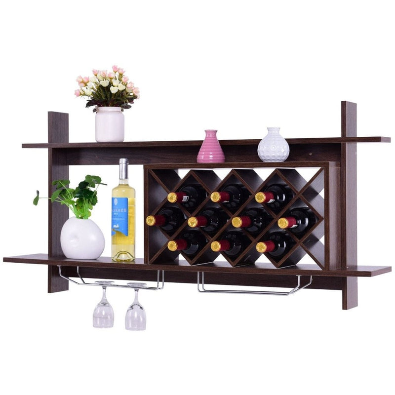 Wall Mount Wine Rack with Glass Holder & Storage Shelf - Walnut - Bro Dreams