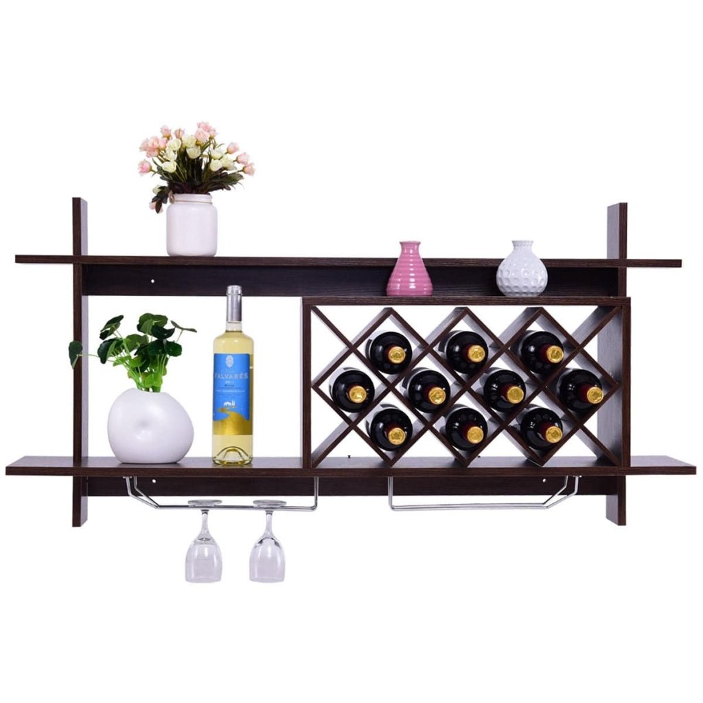 Wall Mount Wine Rack with Glass Holder & Storage Shelf - Walnut - Bro Dreams