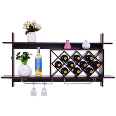 Wall Mount Wine Rack with Glass Holder & Storage Shelf - Walnut - Bro Dreams