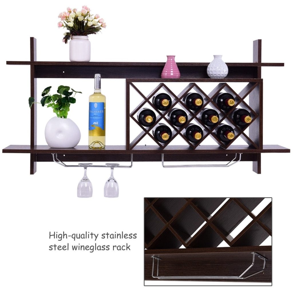 Wall Mount Wine Rack with Glass Holder & Storage Shelf - Walnut - Bro Dreams